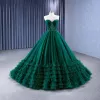 High-end Vintage / Retro Dark Green Pleated Prom Dresses 2023 Ball Gown Strapless Beading Sleeveless Backless Sweep Train Prom Formal Dresses