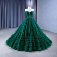 High-end Vintage Mørk Grønn Plissert Ballkjoler 2023 Ballkjole Strapless Beading Uten Ermer Ryggløse Feie Tog Ball Formelle Kjoler