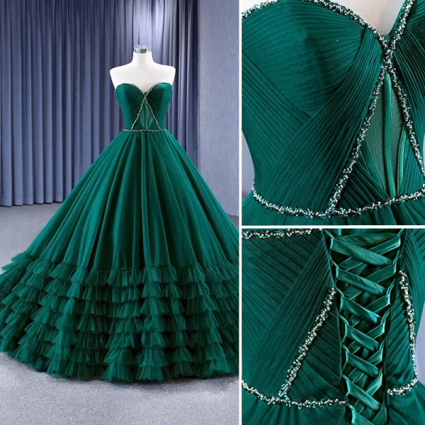 High-end Vintage / Retro Dark Green Pleated Prom Dresses 2023 Ball Gown Strapless Beading Sleeveless Backless Sweep Train Prom Formal Dresses