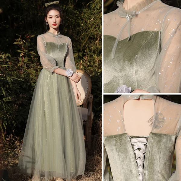 Chic / Beautiful Sage Green Velour Bridesmaid Dresses 2022 A-Line / Princess Sequins Suede Short Sleeve Backless Floor-Length / Long Bridesmaid Wedding Party Dresses