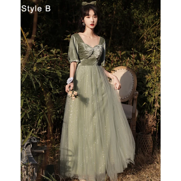 Chic / Beautiful Sage Green Velour Bridesmaid Dresses 2022 A-Line / Princess Sequins Suede Short Sleeve Backless Floor-Length / Long Bridesmaid Wedding Party Dresses