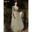 Chic / Beautiful Sage Green Velour Bridesmaid Dresses 2022 A-Line / Princess Sequins Suede Short Sleeve Backless Floor-Length / Long Bridesmaid Wedding Party Dresses