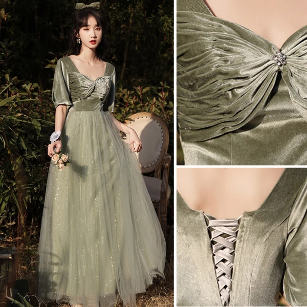 Chic / Beautiful Sage Green Velour Bridesmaid Dresses 2022 A-Line / Princess Sequins Suede Short Sleeve Backless Floor-Length / Long Bridesmaid Wedding Party Dresses