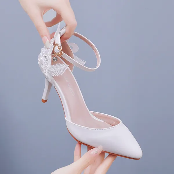 Chic / Beautiful White Rhinestone Lace Flower Wedding Shoes 2024 Ankle Strap 9 cm Stiletto Heels Pointed Toe Wedding High Heels