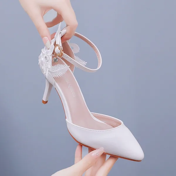 Minimalistisch Weiß Spitze Blumen Knöchelriemen Brautschuhe 2025 9 cm Stilettos Spitzschuh Hochzeit Hochhackige