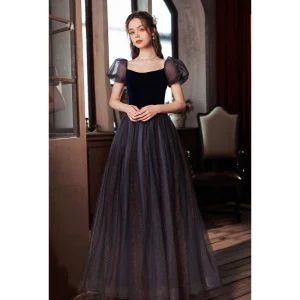 Élégant Violet Daim Paillettes Robe De Bal 2022 Princesse Encolure Carrée Gonflée Manches Courtes Dos Nu Longue Promo Robe De Ceremonie