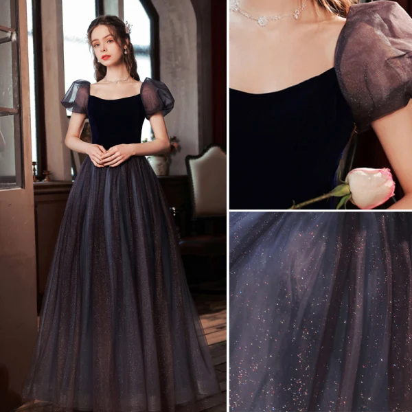 Elegant Purple Suede Sequins Prom Dresses 2022 A-Line / Princess Square Neckline Puffy Short Sleeve Backless Floor-Length / Long Prom Formal Dresses