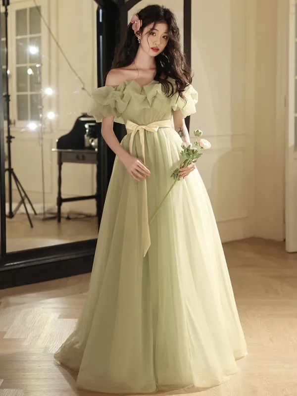 Chic / Beautiful Sage Green Bow Sash Prom Dresses 2024 A-Line / Princess Ruffle Off-The-Shoulder Short Sleeve Backless Floor-Length / Long Prom Formal Dresses
