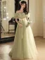 Chic / Beautiful Sage Green Bow Sash Prom Dresses 2024 A-Line / Princess Ruffle Off-The-Shoulder Short Sleeve Backless Floor-Length / Long Prom Formal Dresses