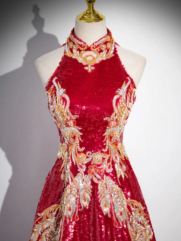 Charming Burgundy Beading Rhinestone Sequins Prom Dresses 2024 A-Line / Princess High Neck Sleeveless Backless Floor-Length / Long Prom Formal Dresses