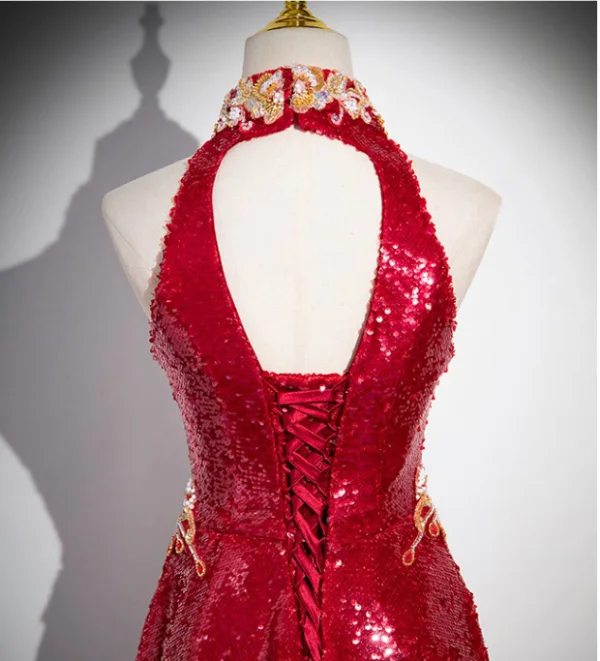Charming Burgundy Beading Rhinestone Sequins Prom Dresses 2024 A-Line / Princess High Neck Sleeveless Backless Floor-Length / Long Prom Formal Dresses