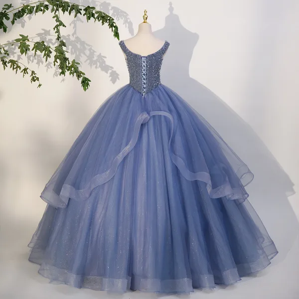 Élégant Bleu Ciel Perlage Paillettes Robe De Bal 2023 Robe Boule Encolure Carrée Sans Manches Dos Nu Bretelles croisées Longue Promo Robe De Ceremonie