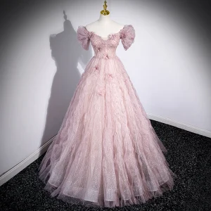 Snygga Fina Rodnande Rosa Glittriga Glitter Paljetter Balklänningar 2023 Prinsessa Av Axeln Rhinestone Appliqués Korta Ärm Halterneck Långa Bal Formella Klänningar