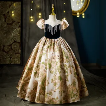 Elegant Black Printing Birthday Flower Girl Dresses 2022 Ball Gown Scoop Neck Beading Tassel Puffy Short Sleeve Backless Floor Length Long Flower Girl Dresses
