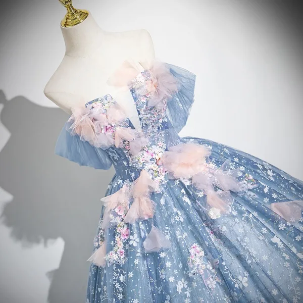Flower Fairy Sky Blue Appliques Sequins Prom Dresses 2024 Ball Gown Off-The-Shoulder Short Sleeve Backless Floor-Length / Long Prom Formal Dresses