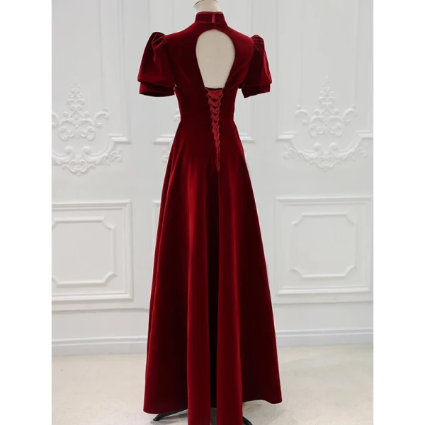Chinese style Burgundy Suede Pearl Prom Dresses 2022 A-Line / Princess High Neck Short Sleeve Backless Floor-Length / Long Prom Formal Dresses