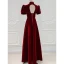 Chinese style Burgundy Suede Pearl Prom Dresses 2022 A-Line / Princess High Neck Short Sleeve Backless Floor-Length / Long Prom Formal Dresses