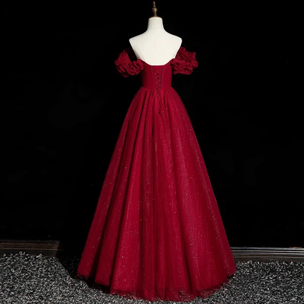 Charming Burgundy Beading Sequins Evening Dresses 2023 A-Line / Princess Puffy Off-The-Shoulder Short Sleeve Backless Floor-Length / Long Evening Party Formal Dresses