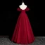 Charming Burgundy Beading Sequins Evening Dresses 2023 A-Line / Princess Puffy Off-The-Shoulder Short Sleeve Backless Floor-Length / Long Evening Party Formal Dresses