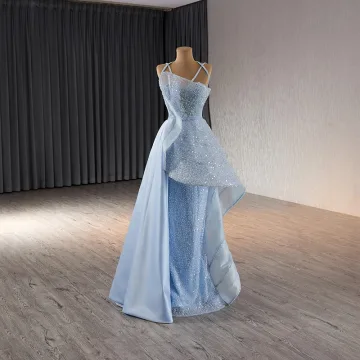 Fashion Sky Blue Beading Pearl Sequins Cascading Ruffles Prom Dresses 2024 Ball Gown Spaghetti Straps Sleeveless Backless Floor Length Long Prom Formal Dresses