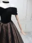 Vintage / Retro Black Gold Ball Gown Prom Dresses 2025 Off-The-Shoulder Short Sleeve Backless Floor-Length / Long Prom Formal Dresses