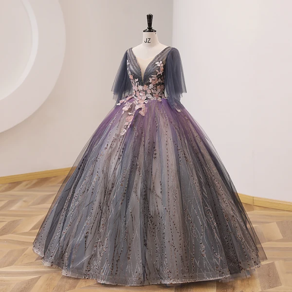 Elegant Purple Gradient-Color Prom Dresses 2022 Ball Gown Scoop Neck Pearl Lace Flower Short Sleeve Backless Floor-Length / Long Prom Formal Dresses