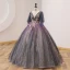 Elegant Purple Gradient-Color Prom Dresses 2022 Ball Gown Scoop Neck Pearl Lace Flower Short Sleeve Backless Floor-Length / Long Prom Formal Dresses