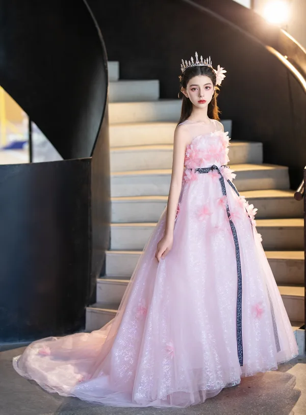 Flower Fairy Sky Blue Appliques Bow Sash Birthday Flower Girl Dresses 2025 Ball Gown Scoop Neck Sleeveless Sweep Train