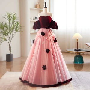 Chic Belle Bordeaux Perle Appliques Robe De Bal 2023 Princesse Bustier Manches Courtes Dos Nu Longue Promo Robe De Ceremonie