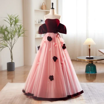 Chic Beautiful Burgundy Pearl Appliques Prom Dresses 2023 A Line Princess Strapless Short Sleeve Backless Floor Length Long Prom Formal Dresses
