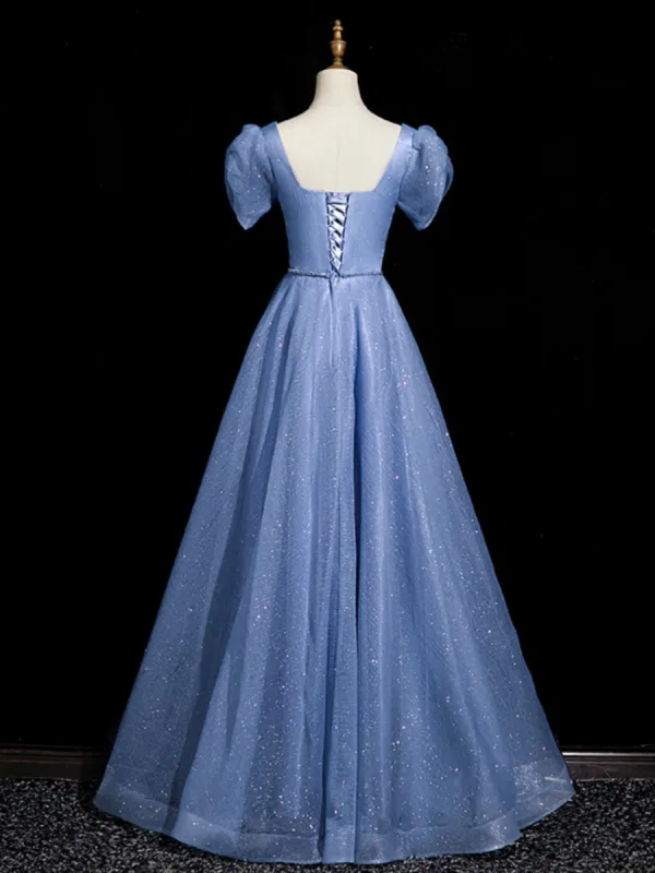 Chic / Beautiful Ocean Blue Sequins Prom Dresses 2023 A-Line / Princess Square Neckline Short Sleeve Backless Floor-Length / Long Prom Formal Dresses