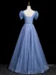 Chic / Beautiful Ocean Blue Sequins Prom Dresses 2023 A-Line / Princess Square Neckline Short Sleeve Backless Floor-Length / Long Prom Formal Dresses
