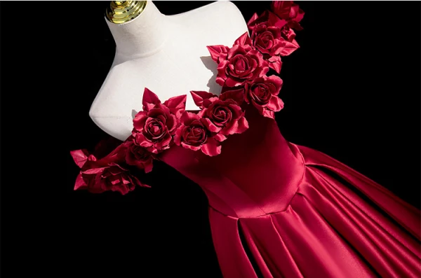 Elegant Burgundy Appliques Satin Prom Dresses 2024 A-Line / Princess Off-The-Shoulder Sleeveless Backless Floor-Length / Long Prom Formal Dresses
