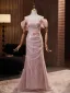 Chic / Beautiful Blushing Pink Pearl Appliques Prom Dresses 2024 Trumpet / Mermaid Off-The-Shoulder Short Sleeve Backless Floor-Length / Long Prom Formal Dresses