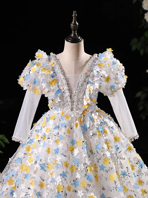 Flower Fairy Multi-Colors Appliques Beading Pearl Sequins Birthday Flower Girl Dresses 2024 Ball Gown V-Neck Long Sleeve Floor-Length / Long