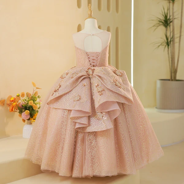 Bling Bling Blushing Pink Beading Sequins Birthday Flower Girl Dresses 2024 Ball Gown Scoop Neck Sleeveless Backless Floor-Length / Long