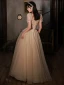 Bling Bling Charmant Champagne Paillettes Robe De Bal 2022 Princesse Encolure Carrée Manches Courtes Dos Nu Longue Robe De Ceremonie