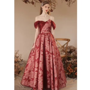 Hermoso Borgoña Lentejuelas Impresión Vestidos De Gala 2023 A Line Princess Fuera Del Hombro Manga Corta Sin Espalda Largos Vestidos Formales