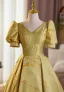 Elegant Yellow Printing Prom Dresses 2025 A-Line / Princess V-Neck Short Sleeve Backless Floor-Length / Long Prom Formal Dresses