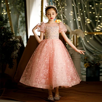 Chic Beautiful Candy Pink Beading Star Sequins Flower Girl Dresses 2022 A Line Princess Scoop Neck Short Sleeve Floor Length Long Prom