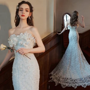Charming Ivory Appliques Lace Flower Wedding Dresses 2022 Trumpet Mermaid Strapless Sleeveless Backless Floor Length Long Wedding