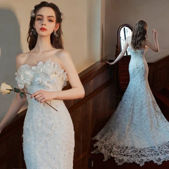 Charming Ivory Appliques Lace Flower Wedding Dresses 2022 Trumpet Mermaid Strapless Sleeveless Backless Floor Length Long Wedding