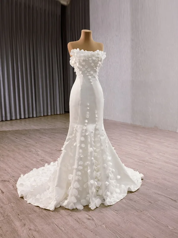 Chic Blanche Appliques Robe De Mariée 2025 Trompette / Sirène De l'épaule Gonflée Manches Courtes Dos Nu Train De Balayage Mariage