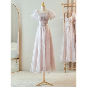 Modest Simple Lavender Tea Length Bridesmaid Dresses 2023 A Line Princess Puffy Short Sleeve Backless Bow Sash Bridesmaid
