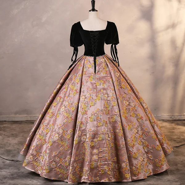 Vintage / Retro Black Embroidered Satin Prom Dresses 2023 Ball Gown Square Neckline Short Sleeve Backless Floor-Length / Long Prom Formal Dresses