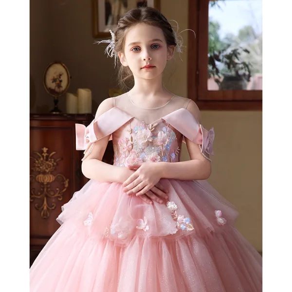 Lovely Blushing Pink Beading Pearl Sequins Appliques Birthday Flower Girl Dresses 2025 Ball Gown Scoop Neck Short Sleeve Backless Floor-Length / Long