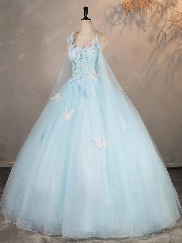Chic / Beautiful Sky Blue Beading Sequins Appliques Prom Dresses 2025 Ball Gown Scoop Neck Sleeveless Backless Floor-Length / Long Formal Dresses