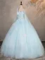 Chic / Beautiful Sky Blue Beading Sequins Appliques Prom Dresses 2025 Ball Gown Scoop Neck Sleeveless Backless Floor-Length / Long Formal Dresses