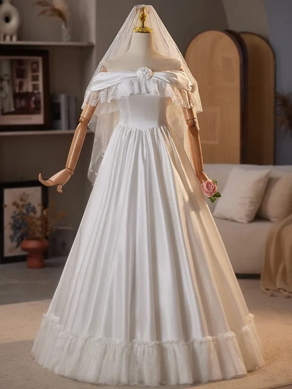 Vintage / Retro White Lace Flower Satin Wedding Dresses 2025 A-Line / Princess Off-The-Shoulder Sleeveless Backless Floor-Length / Long