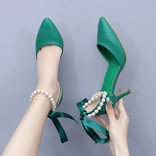 Sexy Black Pearl Ankle Strap Evening Party Womens Shoes 2024 7 cm Stiletto Heels Pointed Toe High Heels